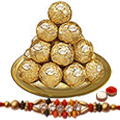 Daintily Arranged Ferrero Rocher Chocolates in a Golden Plated Thali with Family Set of Rakhi and Roli Tilak Chawal